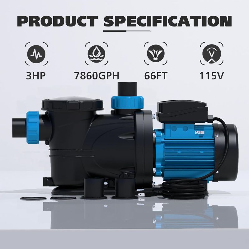 Photo 1 of 3 HP Pool Pump with Timer,7860GPH Above Ground Pool Pump Timer 115V, Inground Pool Pumps High Speed Flow, Self Primming Swimming Pool Pump with Filter Basket