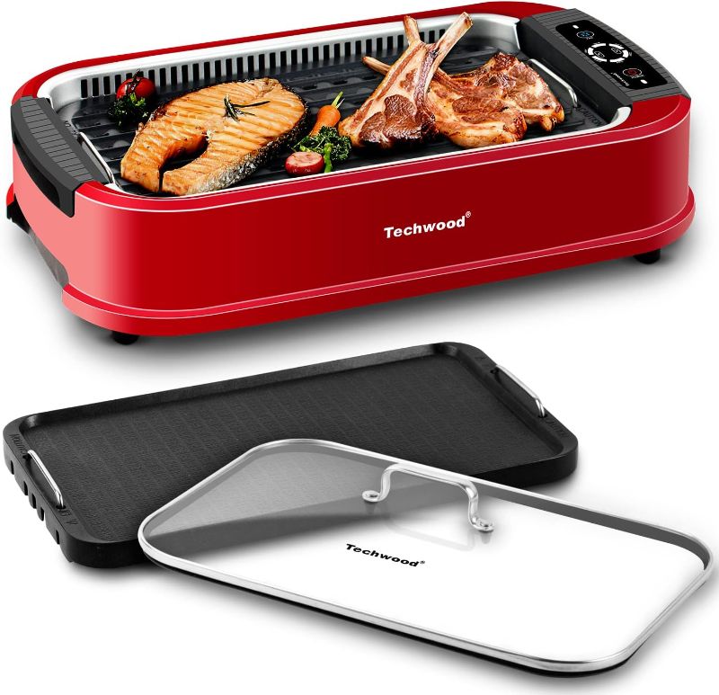 Photo 1 of Techwood Indoor Smokeless Grill, 1500W Electric BBQ Grill and Non-Stick Grill Plates with Temperature Control, Removable Drip Tray, Tempered Glass Lid, Red