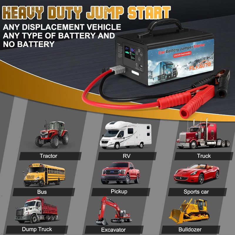 Photo 1 of 10000A Jump Starter,FlyAuto 155WH Car Battery Jump Starter for All Gas or Diesel,24V/12V Heavy Duty Lithium Jump Box, Portable Car Power Jump Battery Pack with USB Outlet?Jumper Cables Kit&LED Light