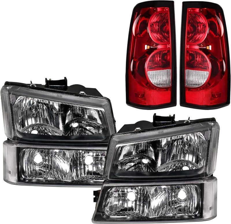 Photo 1 of Headlight Assembly Black Housing Clear Corner Compatible with 2003-2006 Chevrolet Silverado 1500 2500 3500 Headlamp + Red Taillight Pair