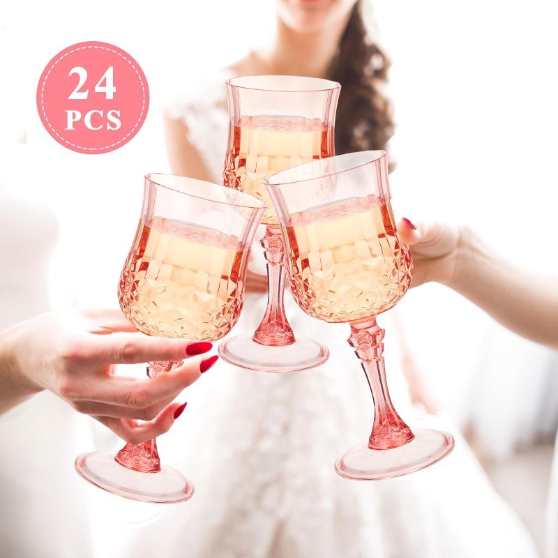 Photo 1 of 24 Pcs Patterned Plastic Wine Glasses Colorful Goblet Champagne Flutes Glasses Vintage Style Dishwasher Safe Drinking Glasses for Wedding, Reception, Grand Event Party Supplies (Pink)