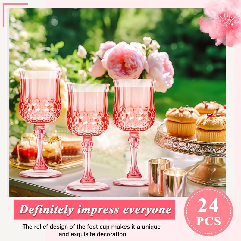 Photo 1 of 24 Pcs Patterned Plastic Wine Glasses Colorful Goblet Champagne Flutes Glasses Vintage Style Dishwasher Safe Drinking Glasses for Wedding, Reception, Grand Event Party Supplies (Pink)