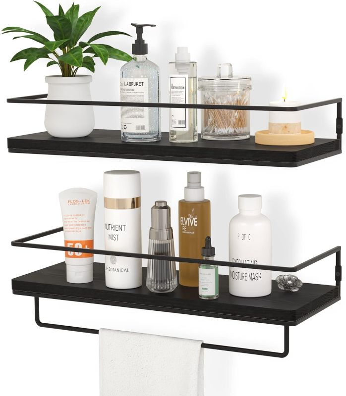 Photo 1 of ***DENTED*** parts only 
ZGO Floating Shelves for Wall Set of 2, Wall Mounted Storage Shelves with Black Metal Frame and Towel Rack for Bathroom, Bedroom, Living Room, Kitchen, Office (Black)
