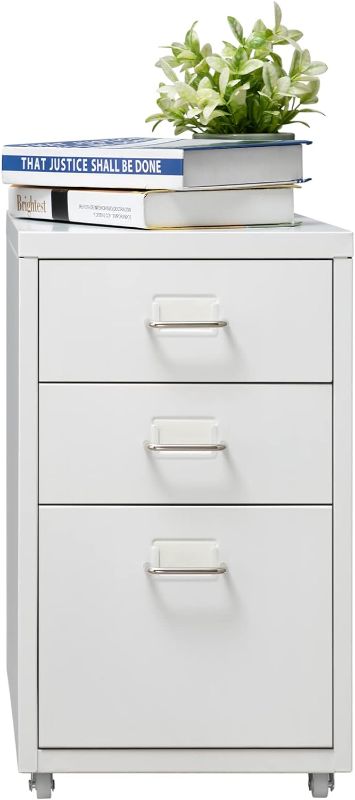 Photo 1 of HollyHOME 3-Drawer Mobile Classification Storage Cabinet, Under Desk for A4 Mini File Cabinet, Mobile File Cabinet with Wheels for Home and Office, White
