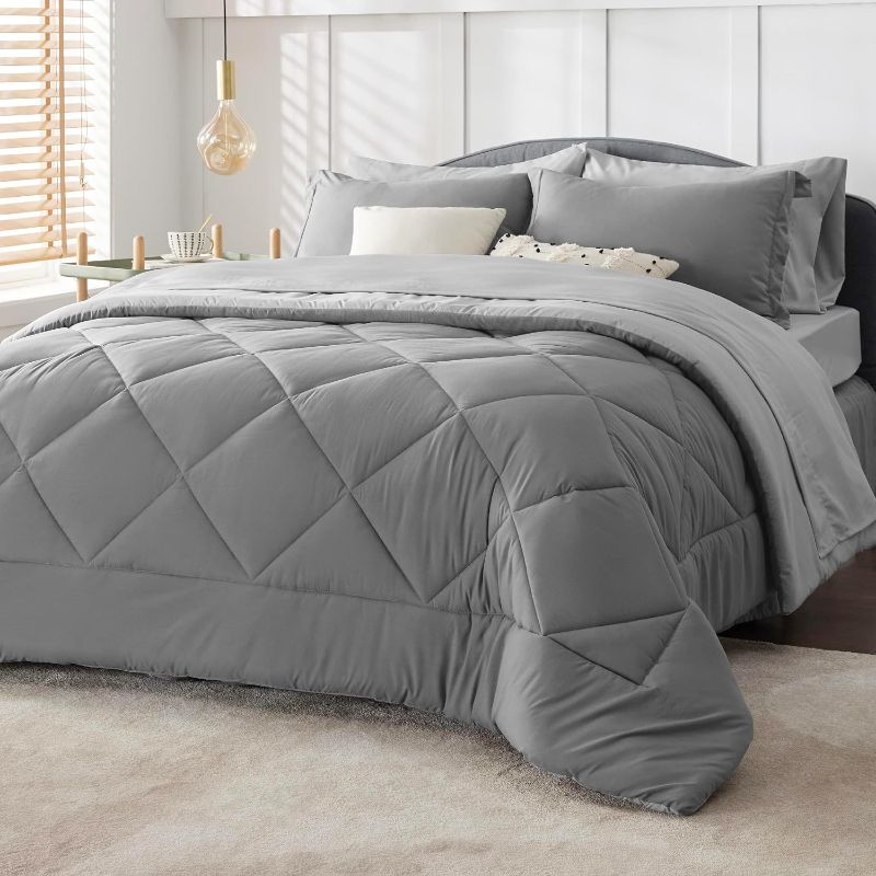 Photo 1 of **Partial Set**Bedsure Queen Comforter Set - 7 Pieces Reversible Comforters Queen Size Bed Set Bed in a Bag with Comforter, Sheets, Pillowcases & Shams, Grey Bedding Sets
