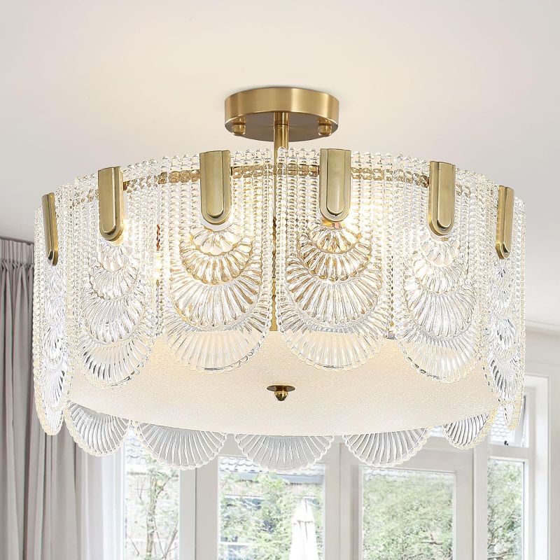 Photo 1 of *Used**20 Inch Semi Flush Mount Ceiling Light Fixture, 6-Light Brass Gold Drum Crystal Ceiling Light with Shell Texture for Bedroom Living Kitchen Entryway, Included E12 LED Bulbs UL Listed
