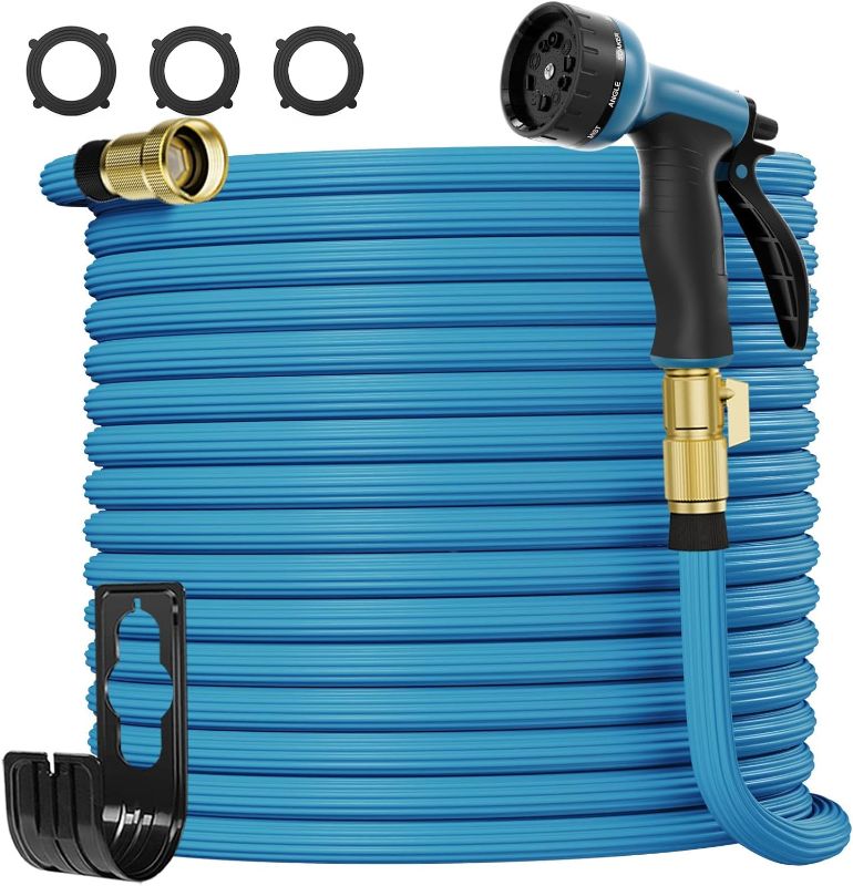 Photo 1 of 100 Ft Non Expanding Garden Hose Without Kinks, 5/8 Flat Garden Hose Lightweight Flexible, 8 Function Sprinkler for Garden Car Care RV Camping (Blue)