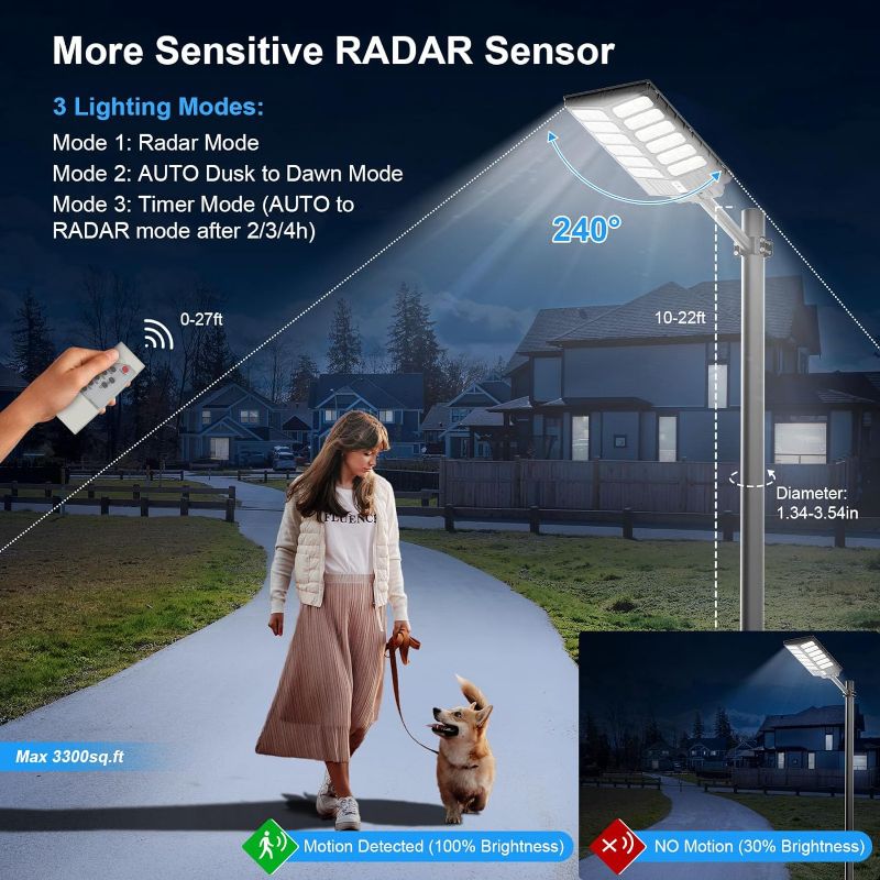 Photo 3 of 3800W Solar Street Lights Outdoor, 340000LM IP66 Waterproof Solar Parking Lot Lights, Radar Sensor 9000K Dusk To Dawn Street Light Solar Powered with Remote Control for Yard, Driveway-2 Pack