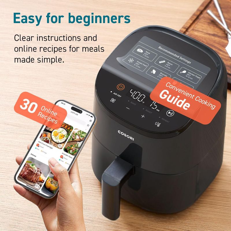 Photo 5 of Cosori Mini Air Fryer 2.1 Qt, 4-in-1 Small Airfryer, Bake, Roast, Reheat, Space-saving & Low-noise, Nonstick and Dishwasher Safe Basket, 30 In-App Recipes, Sticker with 6 Reference Guides, Gray