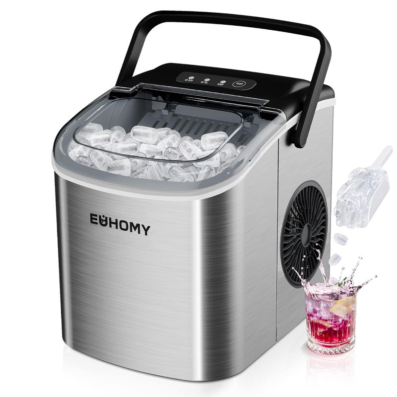 Photo 1 of EUHOMY Countertop Ice Maker Machine with Handle, 26lbs in 24Hrs, 9 Ice Cubes Ready in 6 Mins, Auto-Cleaning Portable Ice Maker with Basket and Scoop, for Home/Kitchen/Camping/RV. (Silver)