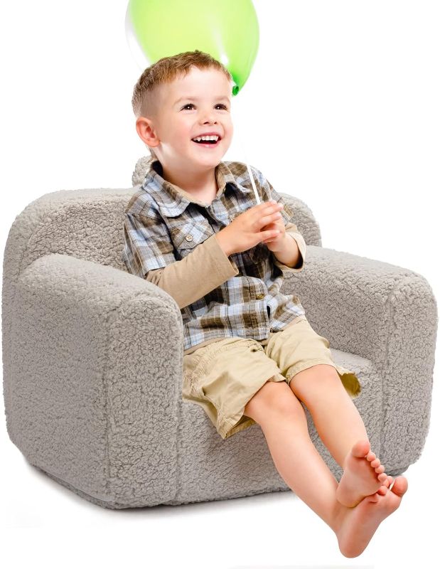 Photo 4 of ALIMORDEN Kids Ultra-Soft Snuggle Foam Filled Chair, Single Cuddly Sherpa Reading Couch for Boys and Girls, Light Grey