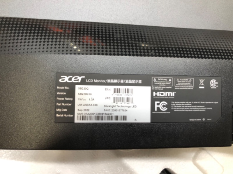Photo 1 of Acer 21.5 Inch Full HD (1920 x 1080) IPS Ultra-Thin Zero Frame Computer Monitor (HDMI & VGA Port), SB220Q bi