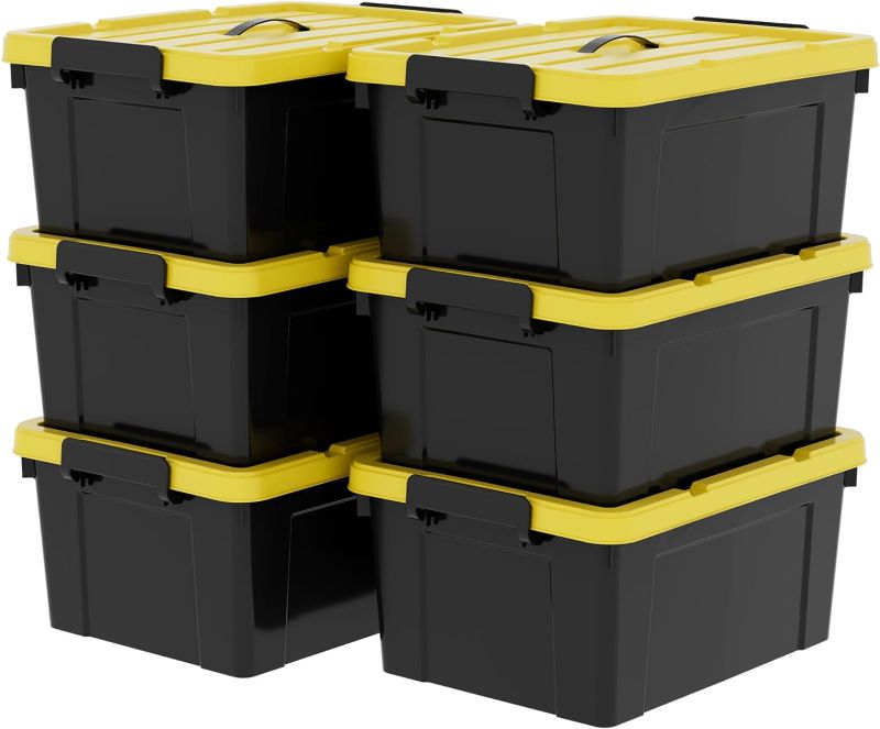 Photo 1 of 40Qt*6 Plastic Storage Bins, Tote Storage Box with Handle, Stackable, Black and Yellow, 40Quart-6 Pack
