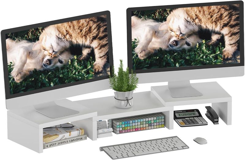 Photo 1 of SUPERJARE Adjustable Dual Monitor Riser - Desktop Stand With Storage for Laptops, TVs, PCs and Printers - White
