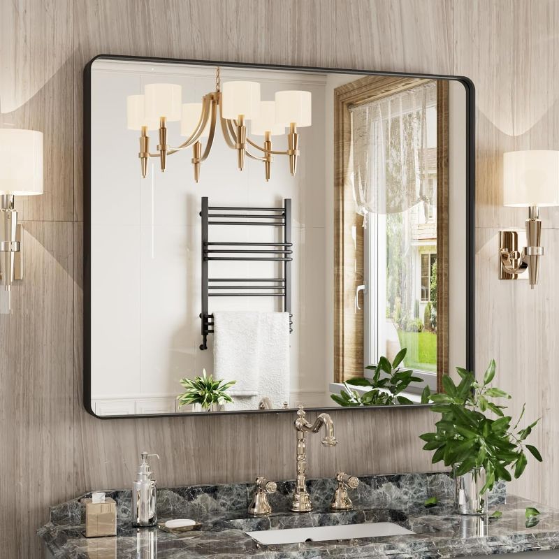 Photo 1 of **USED** Black Bathroom Mirror, 36 x 30 Inch Rectangular Metal Framed Vanity Mirror for Wall, Rounded Corner,Tempered Glass, Anti-Rust(Horizontal/Vertical)
