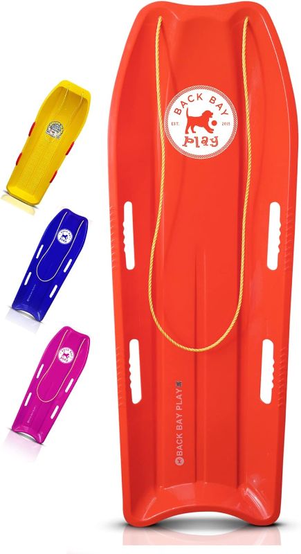 Photo 1 of Back Bay Play 47in Snow Sled Racer - High Density Plastic Sled 2 Person Toboggan with Pull Rope & 4 Handles Snow Sleds for Kids and Adult Dynamite Red