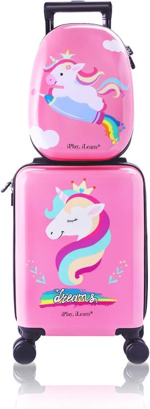 Photo 1 of iPlay, iLearn Unicorn Kids Luggage, Girls Carry on Suitcase W/ 4 Spinner Wheels, Pink Travel Luggage Set W/Backpack, Trolley Luggage for Children Toddlers