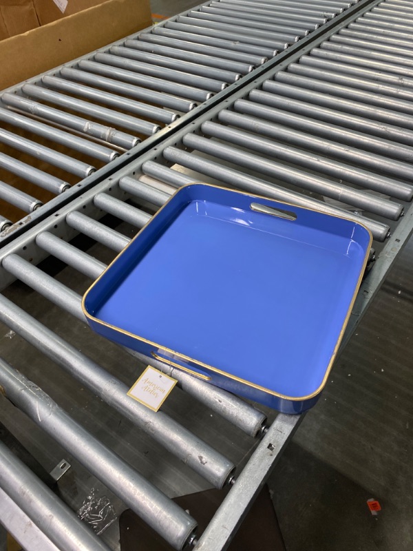 Photo 3 of American Atelier Blue Serving Tray with Gold Trimming | Square Serving Tray with Handles | Trays for Serving Food, Coffee, Tea, and More | Classic Coffee Table Tray in Blue