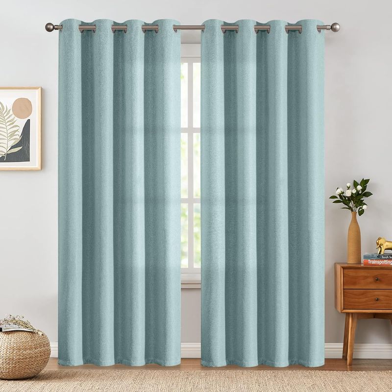 Photo 1 of  Linen Textured Curtain 96 Inch Long for Living Room Room Darkening Thermal Insulated Grommet Top Window Drape for Bedroom 52x96 Aqua Blue 1 Panel