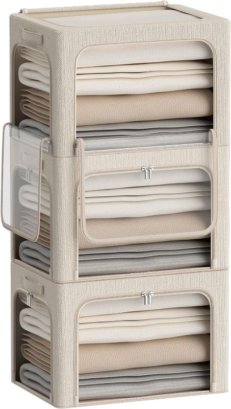 Photo 1 of 3 Openings Clothes Storage Bins Box - 3Pack Stackable Foldable Storage Bin - Metal Frame Storage Box Clothing Storage Organizer with Clear Window, Carry Handles (66L-19.7x15.7x13in, Beige) 66L-19.7x15.7x13in Beige
