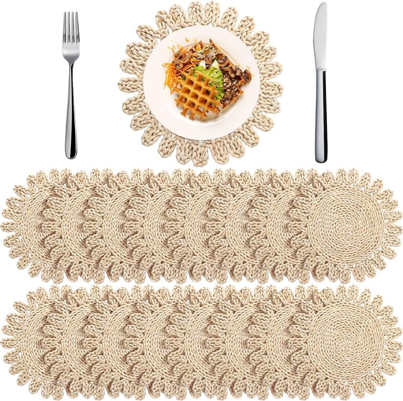 Photo 1 of Zopeal 16 Pieces 11 Inches Woven Round Placemats Rattan Chargers Wicker Boho Placemats Natural Braided Table Mats Corn Husk Place Mats Wicker Charger Plates for Wedding(Compact)