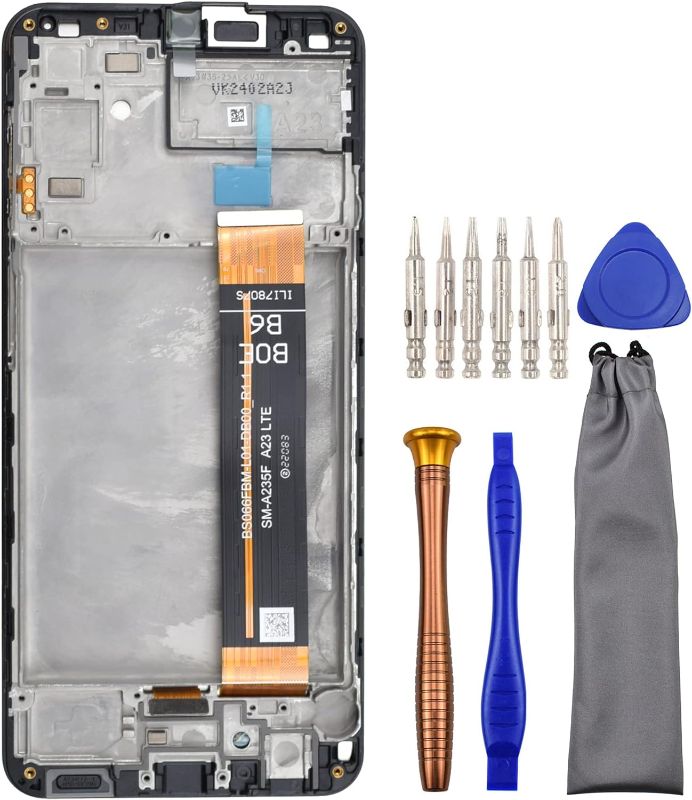 Photo 1 of Complete Screen LCD Digitizer Touch Assembly Replacement for Samsung Galaxy A23 SM-A235F with Tool Kit and Screen Frame Installed Black 6.6"