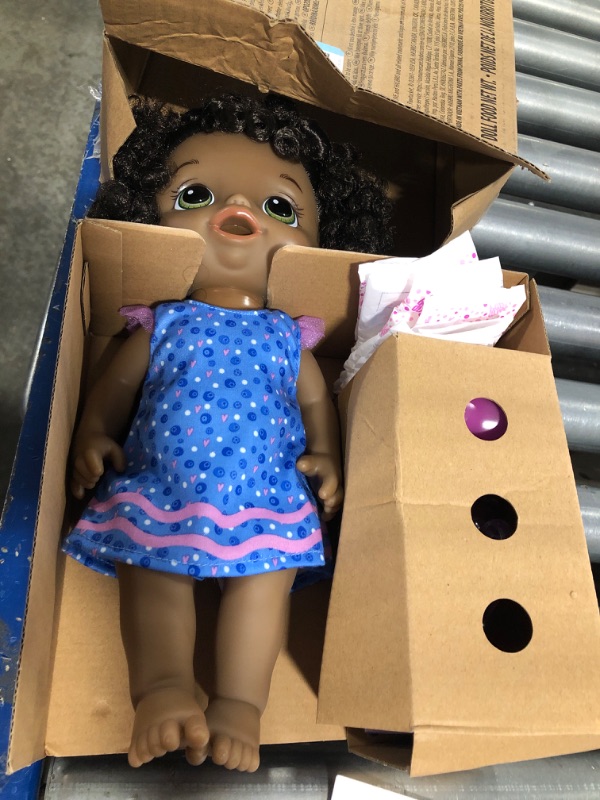 Photo 1 of Baby Alive Magical Mixer Baby Doll Blueberry Blast with Blender Accessories, Drinks, Wets, Eats, Black Hair Toy for Kids Ages 3 and Up