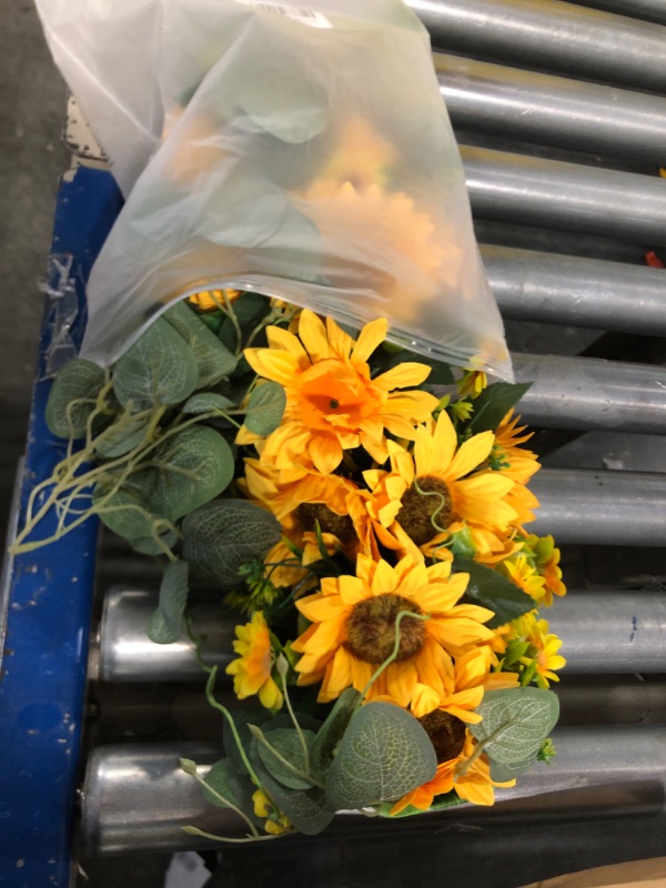 Photo 1 of Homcomoda Artificial Sunflower Swag with Eucalyptus, 28 Inch Artificial Floral Door Decorative Arch Wreath Centerpiece for Door Wedding Party Wall Backdrop Fireplace Garden Home Decoration Sunflower With Eucalyptus Swag 1 Pack