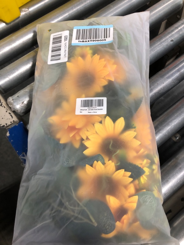 Photo 1 of Homcomoda Artificial Sunflower Swag with Eucalyptus, 28 Inch Artificial Floral Door Decorative Arch Wreath Centerpiece for Door Wedding Party Wall Backdrop Fireplace Garden Home Decoration Sunflower With Eucalyptus Swag 1 Pack