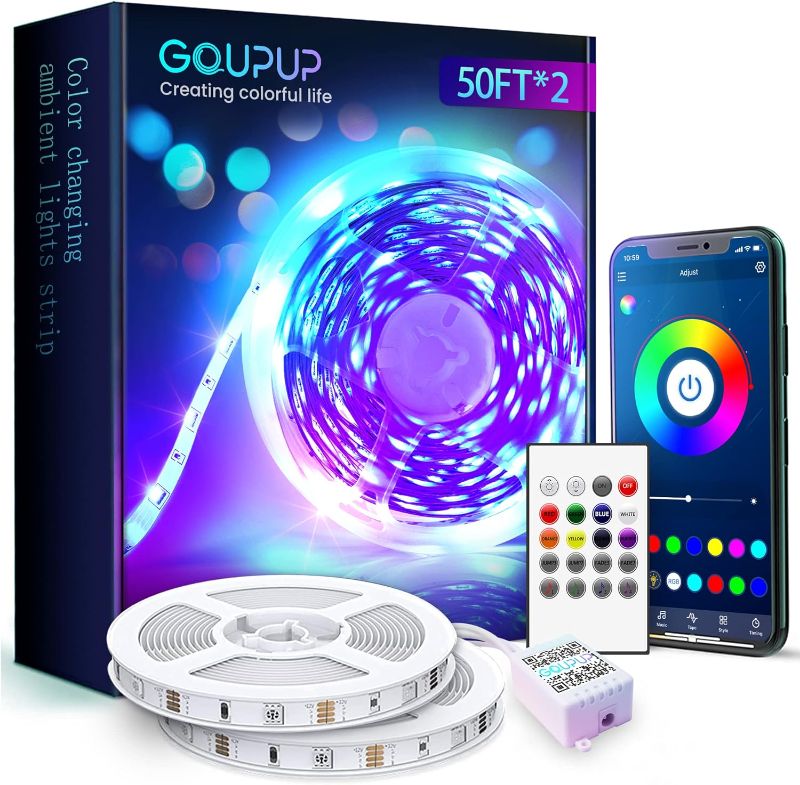 Photo 1 of GUPUP 5V LED Strip Lights 100 FT,Color Changing LED Lights for Bedroom,Built-in-Mic,Music Sync LED Light Strips,Bluetooth&Remote Controlled(Power Supply NOT Needed and Inclued)