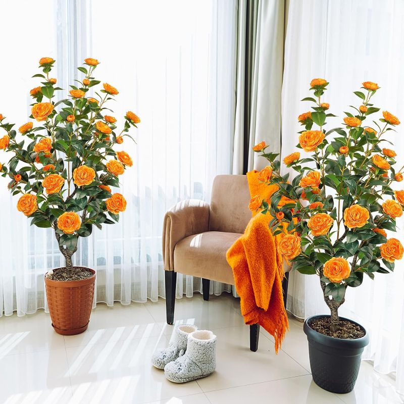 Photo 1 of 2 Pack 45"/3.7FT Artificial Tree with Camellia Flowers Fake Tree with 32 Blooming Flowers Orange Tree for Spring Home Front Door Outdoor Indoor Decor (Including Dried Moss)