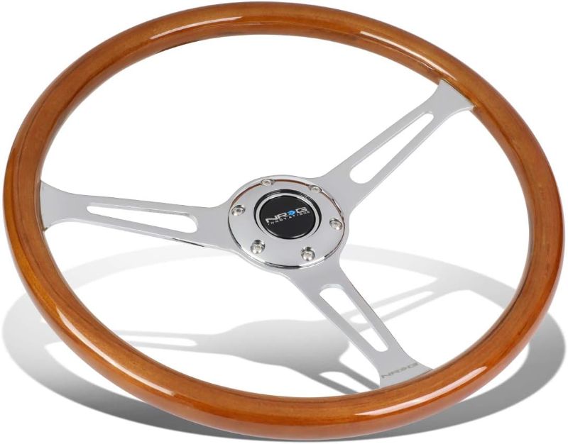 Photo 1 of 14" Billet Chrome Steering Wheel with Mahogany Wood Half Wrap, Chevy Horn - Classic Car Upgrade, Vintage Style