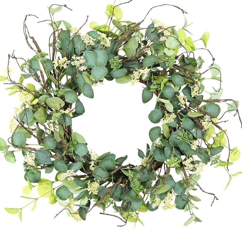 Photo 1 of 24 Inch Eucalyptus Foliage Wreath Spring Front Door Wreath Green Twigs Grapevine Farmhouse Wreath with Silk Printing Dollar Leaves for Festival Celebration Front Door Wall Window Home Décor