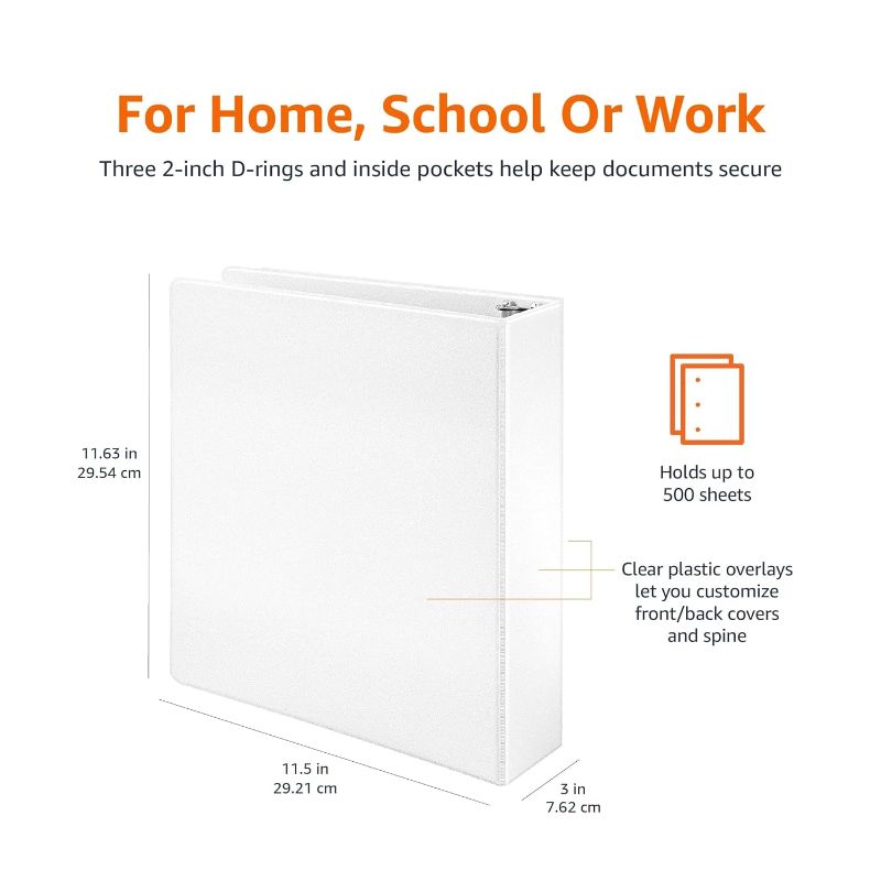 Photo 1 of Amazon Basics 3 Ring Binder with 2 Inch D-Ring and Clear Overlay, White, 4-Pack 2-inch Binder