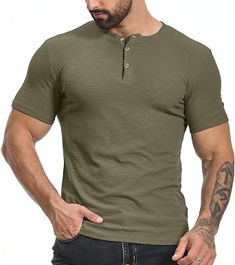 Photo 1 of large YTD Men's Muscle T Shirts Stretch Short Sleeve Workout Tee Casual Slim Fit Henley Shirt
