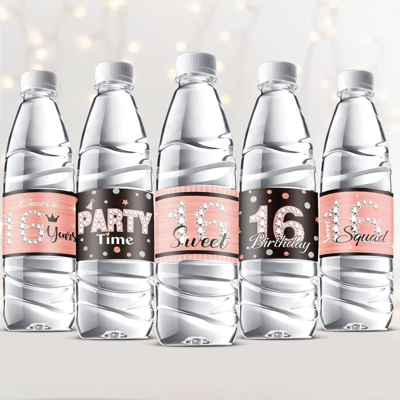 Photo 1 of 39 Pieces Sweet 16 Water Bottle Labels 16th Birthday Water Bottle Wrappers Sweet Sixteen Water Bottle Labels Waterproof Water Bottle Stickers Wrappers for Sweet 16 Birthday Party Decoration (Pink)
