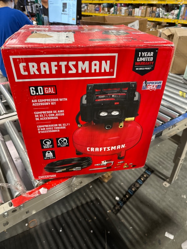 Photo 1 of **FOR PARTS**CRAFTSMAN Air Compressor, 6 Gallon, Pancake, Oil-Free with 13 Piece Accessory Kit (CMEC6150K) & Camco Blow Out Plug With Brass Quick Connect-Aids in Removal of Water From Water Lines (36143) w/ Blow Out Plug