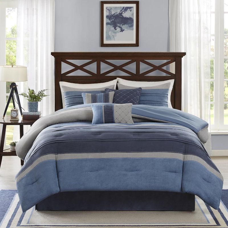 Photo 1 of Madison Park Cozy Comforter Set Casual Modern Design All Season, Matching Bed Skirt, Decorative Pillows, Queen, Collins Blue/Grey, 
