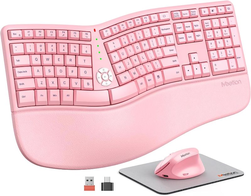 Photo 1 of MEETION Ergonomic Wireless Keyboard and Mouse, Ergo Keyboard with Vertical Mouse, Split Keyboard with Cushioned Wrist Palm Rest Natural Typing Rechargeable Full Size, Windows/Mac/Computer/Laptop, Pink
