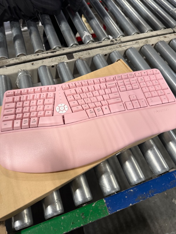 Photo 2 of MEETION Ergonomic Wireless Keyboard and Mouse, Ergo Keyboard with Vertical Mouse, Split Keyboard with Cushioned Wrist Palm Rest Natural Typing Rechargeable Full Size, Windows/Mac/Computer/Laptop, Pink
