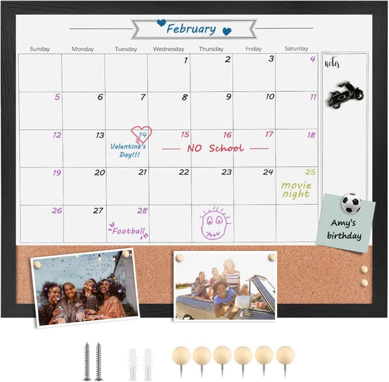 Photo 1 of TORASO Whiteboard Calendar & Corkboard, 18" x 22" Magnetic Surface Combination Dry Erase White Board & Bulletin Board, Black Wood Framed Blackboard/Calendar/Cork Combo Board(ZHYL-BK-4555) Black 18“×22”