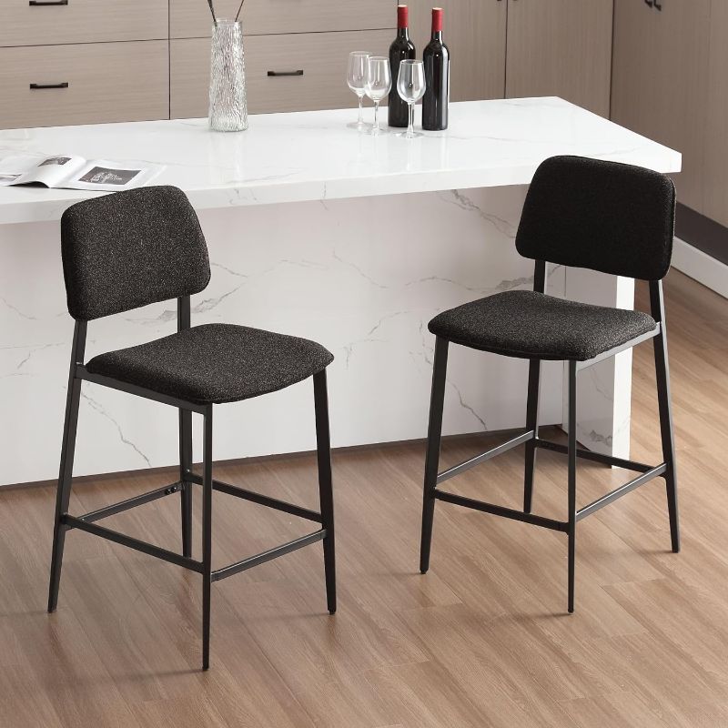 Photo 1 of 24 Inches Bar Stools Set of 2 Modern Sherpa Counter Height Barstools with Back Metal Legs Bar Chairs for Kitchen Island/Home Pub/Dining, Black
