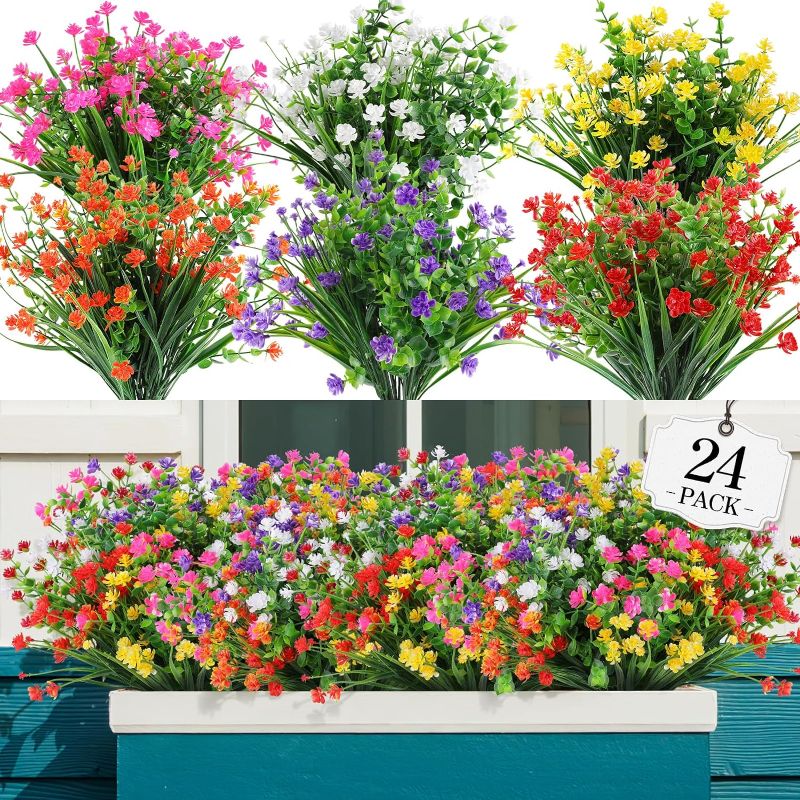 Photo 1 of 24 Bundles Artificial Flowers Outdoor,No Fade Fake Plastic Flowers Faux Plants for Decoration Hanging Planters Indoor Outside Garden Porch Window Box Home Farmhouse Wedding
