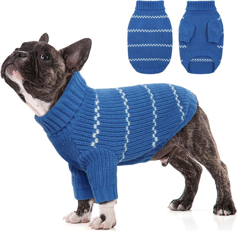 Photo 1 of IDOMIK Dog Sweater, Thick Knitted Small Dog Pullover Sweater, Classic Striped Turtleneck Dog Sweaters for Small Medium Dogs Cats, Dog Warm Winter Clothes Coat for Cold Season,Blue,L
