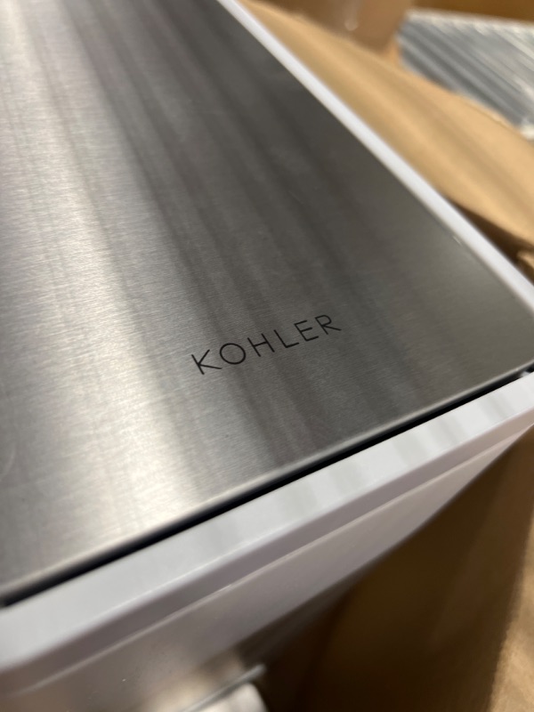 Photo 1 of **USED**FOR PARTS** KOHLER Slim Step Trash Can, Bathroom Trash Can with Soft-Close Foot Pedal, White with Stainless Steel