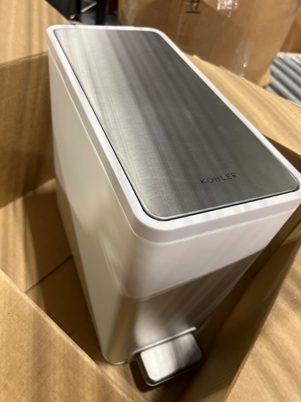 Photo 1 of **USED**FOR PARTS** KOHLER Slim Step Trash Can, Bathroom Trash Can with Soft-Close Foot Pedal, White with Stainless Steel