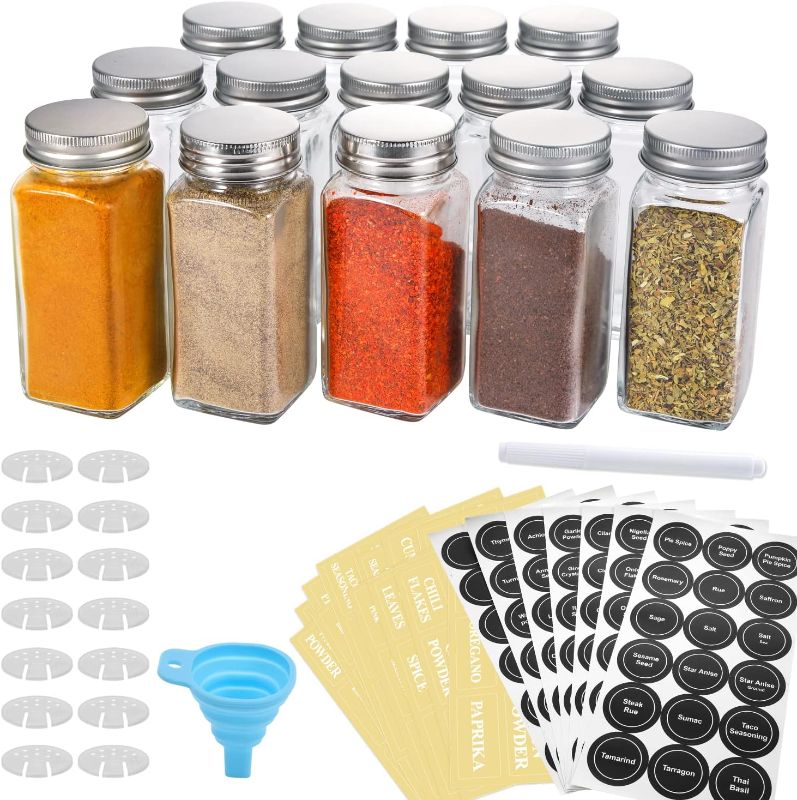 Photo 1 of 14 Pcs Glass Spice Jars with Spice Labels - 4oz Empty Square Spice Bottles - Shaker Lids and Airtight Metal Caps - Chalk Marker and Silicone Collapsible Funnel Included
