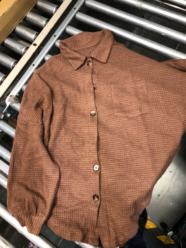 Photo 2 of Dokotoo Womens Waffle Knit Shacket Jacket Casual Long Sleeve Button Down Shirts Dressy Blouses Tops Medium Brown
