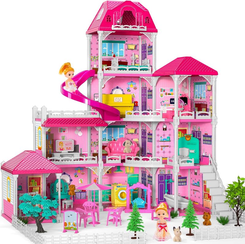 Photo 1 of Doll House for Girls Toys, 4 Stories 10 Rooms Pink Dollhouse with 2 Princesses Slide Accessories, Playset for Toddler Playhouse Gift for for 3 4 5 6 7 8+ Year Old Girls Toys
