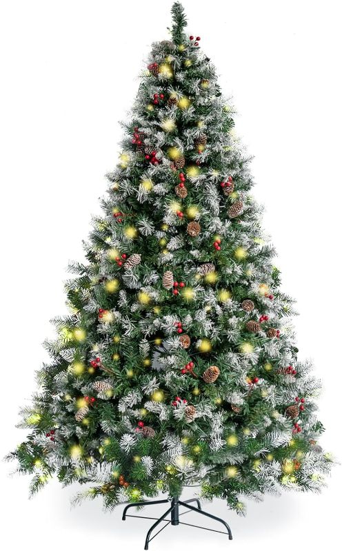 Photo 1 of YUG 7.5ft Pre-lit PVC Artificial Christmas Tree with 560 LED Lights 1,396 Branch Tips 89 Pinecones 267 Baubles for Home, Office, Party Decoration, Easy Assembly & Foldable Base 7.5 FT Led Green